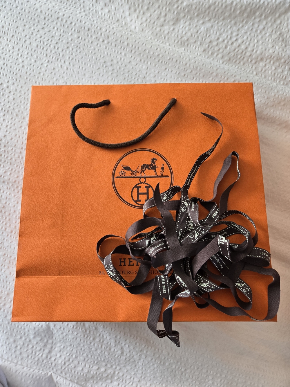 Hermes Orange Shopping Bag (30cmx30cm) with Branded Brown Ribbons